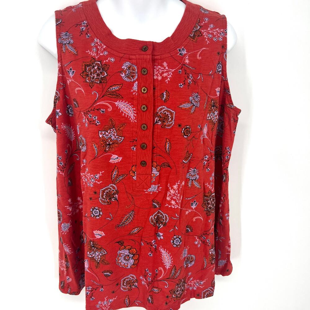 J. Jill Womens Sleeveless Button Up Rust Floral Print Cotton Blend Top Sz Large